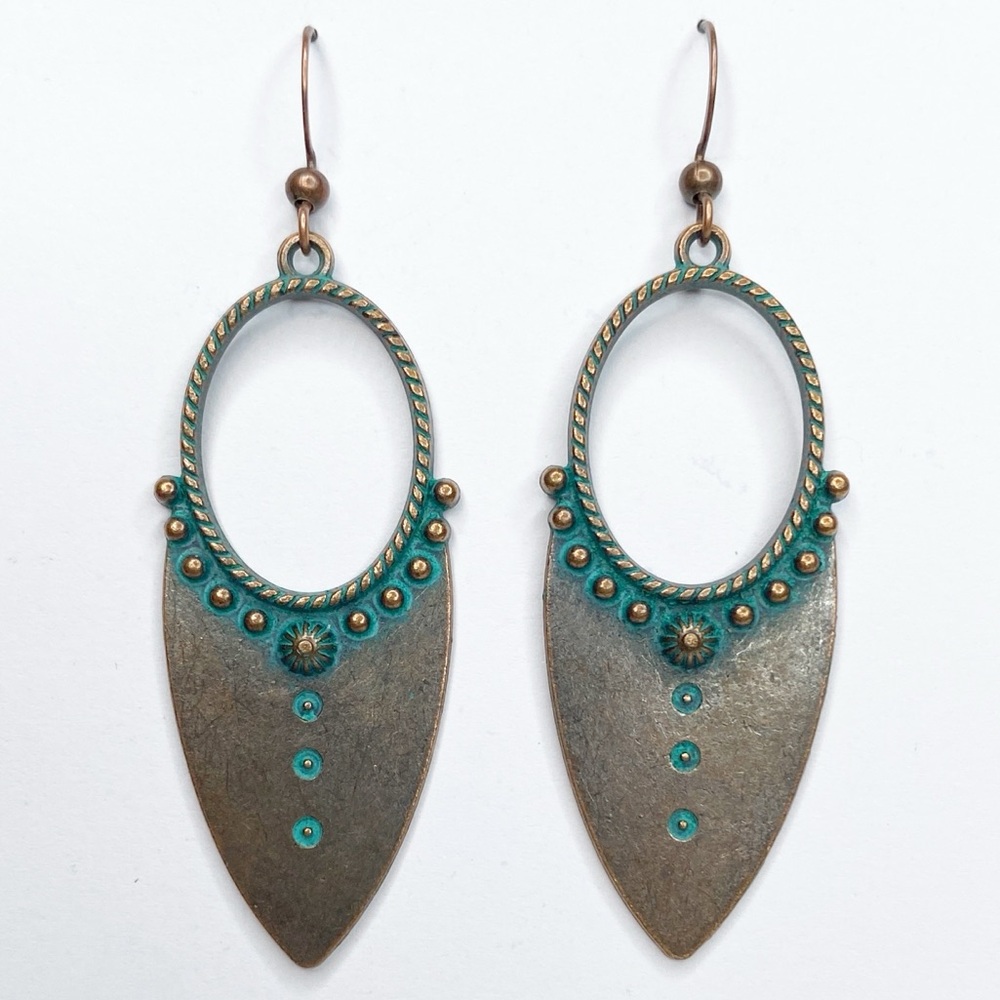 Copper Turquoise Patina Shield Hoop Earrings